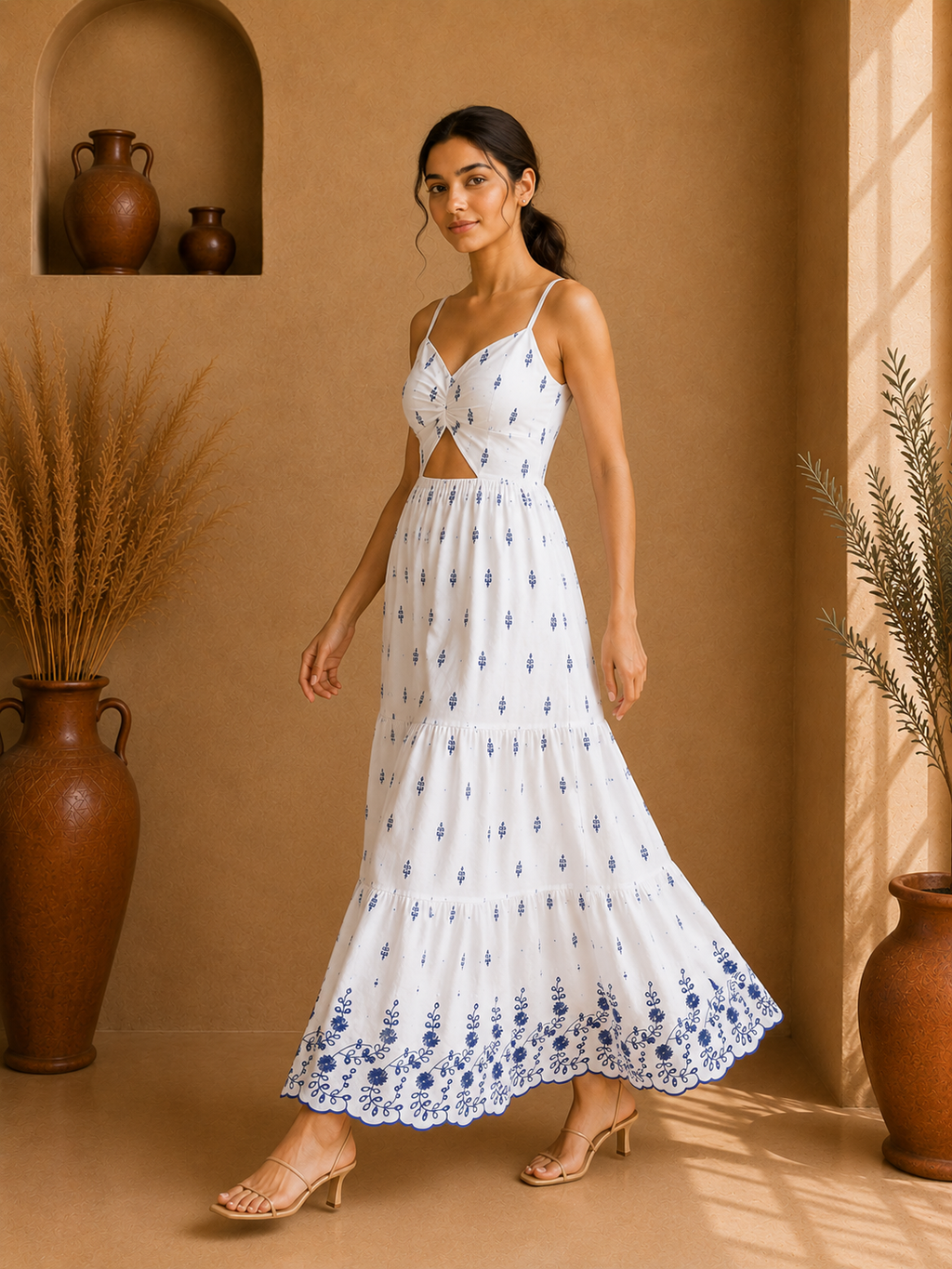 Azure Bloom Embroidered Cotton Cut-Out Maxi Dress – Ivory White