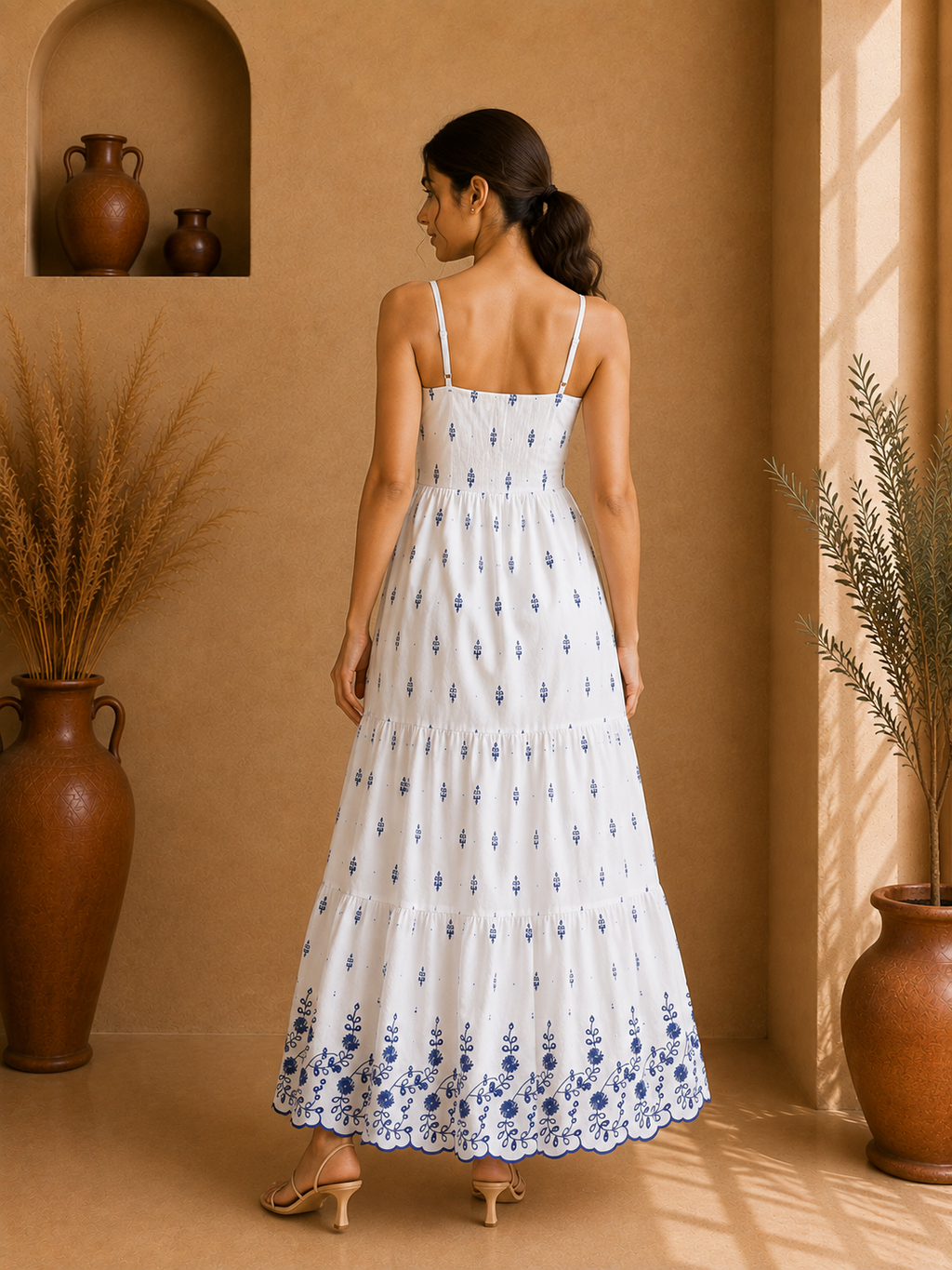 Azure Bloom Embroidered Cotton Cut-Out Maxi Dress – Ivory White
