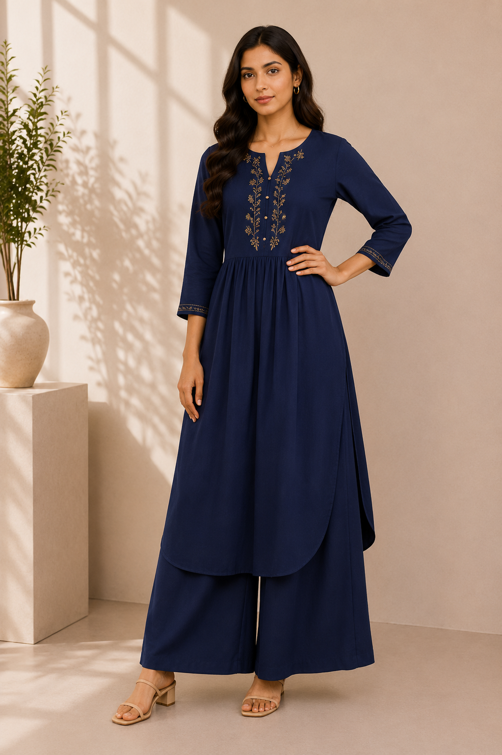 Midnight Bloom Embroidered Cotton Kurta & Palazzo Set – Navy Blue