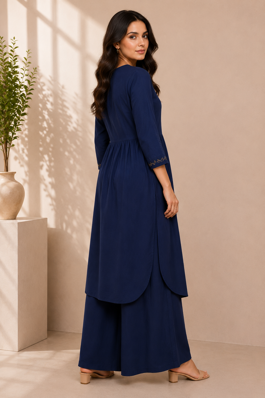 Midnight Bloom Embroidered Cotton Kurta & Palazzo Set – Navy Blue